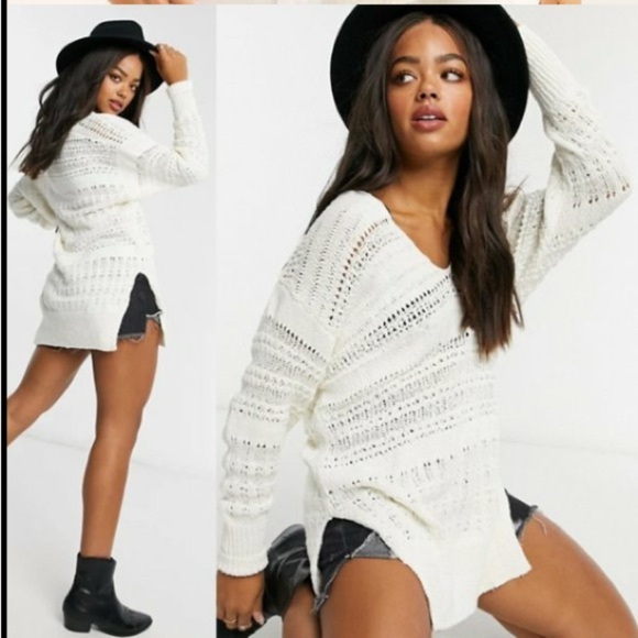 Free People Sweaters - Free People Hot Tropics Pullover Tunic Sweater M White Open Knit Boho Oversized
